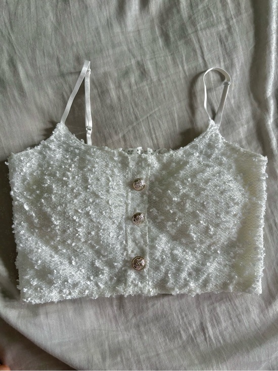Tops - White Textured Crop Cami Top with Buttons - Women